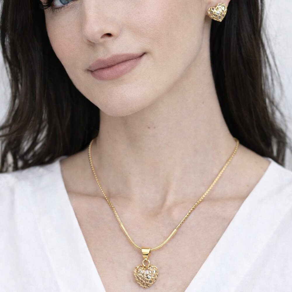 18K Gold Plated Zircon Heart Pendant Snake Chain Set